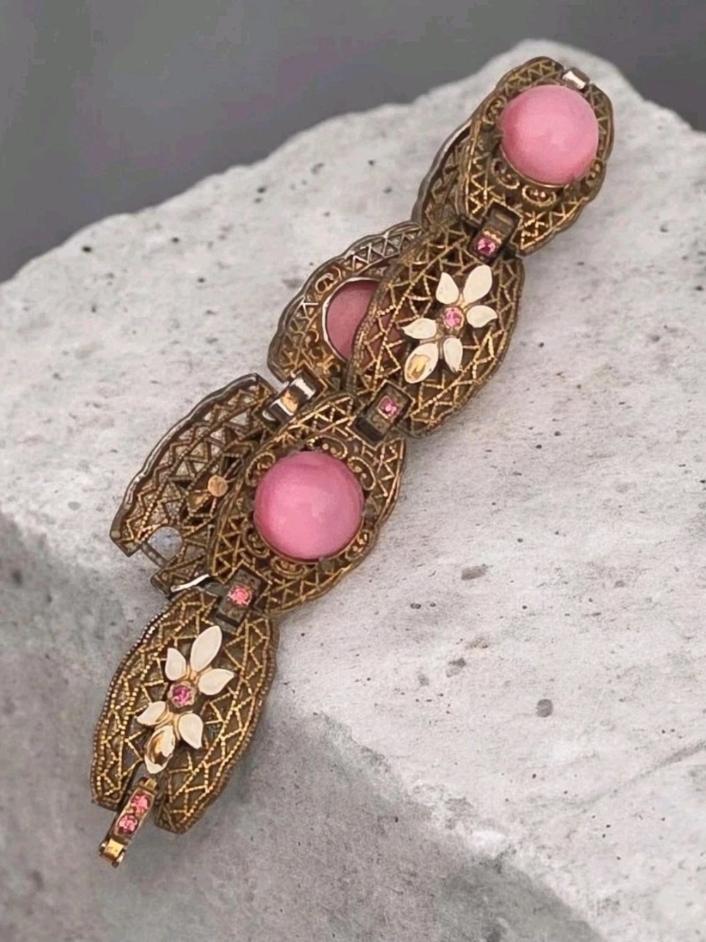Vintage Czech Style Victorian Revival Pink Moonglow Cabochon Filigree Bracelet